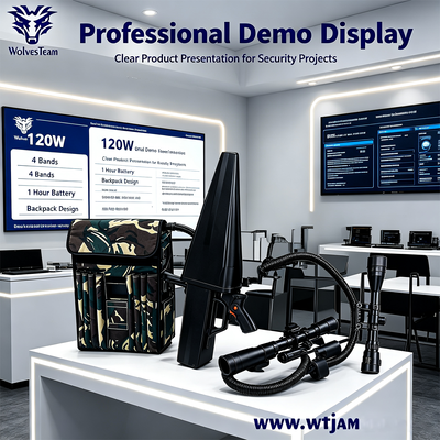 Comprar 120W Mochila Drone Jammer com 4 Bandas GPS L1 L2 WiFi 2.4G 5.8G e Bateria de 1 Hora para Proteção VIP Fabricação em linha