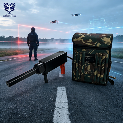Comprar Mochila Tipo Arma supressor portátil anti-drone IP55 Outdoor Rated Long Coverage Distância UAV Jammer de sinal Para campo perímetro de emergência anti-drone operações Fabricação em linha