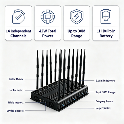 42W Bloqueador de Sinal de Mesa com 14 Bandas e Antena Omnidirecional para 2G 3G 4G 5G WiFi GPS VHF UHF Lojack